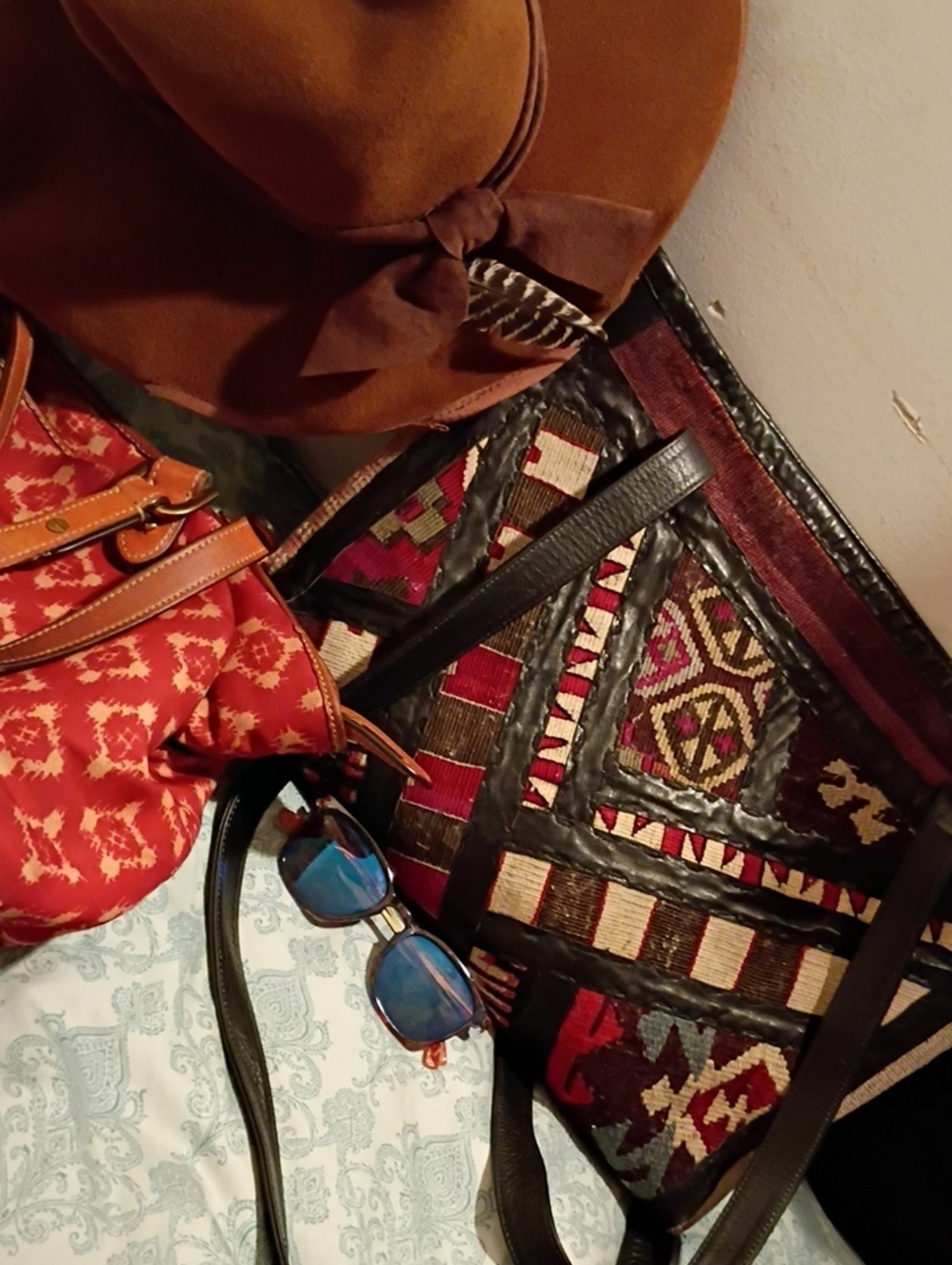 Boho Woven Pattern Tote Bag in Burgundy and Black